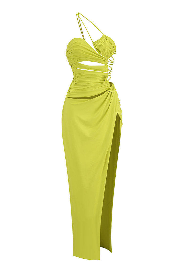 Sexy Strappy One Shoulder Ruched Cutout Backless Split Maxi Evening Dress - VelvetHem