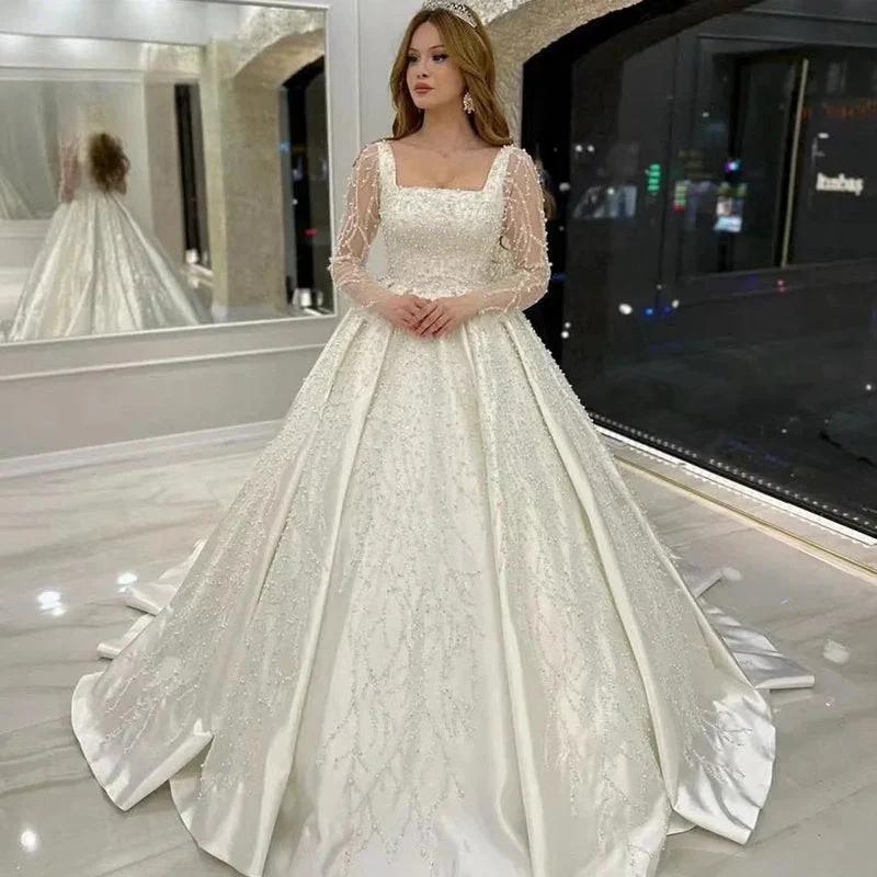 Luxury Wedding Dress Embroidered Lace Beading With Princess Ball Gown Square Collar Fullsleeve Bride Button Vestido De Novia (ZD13486)