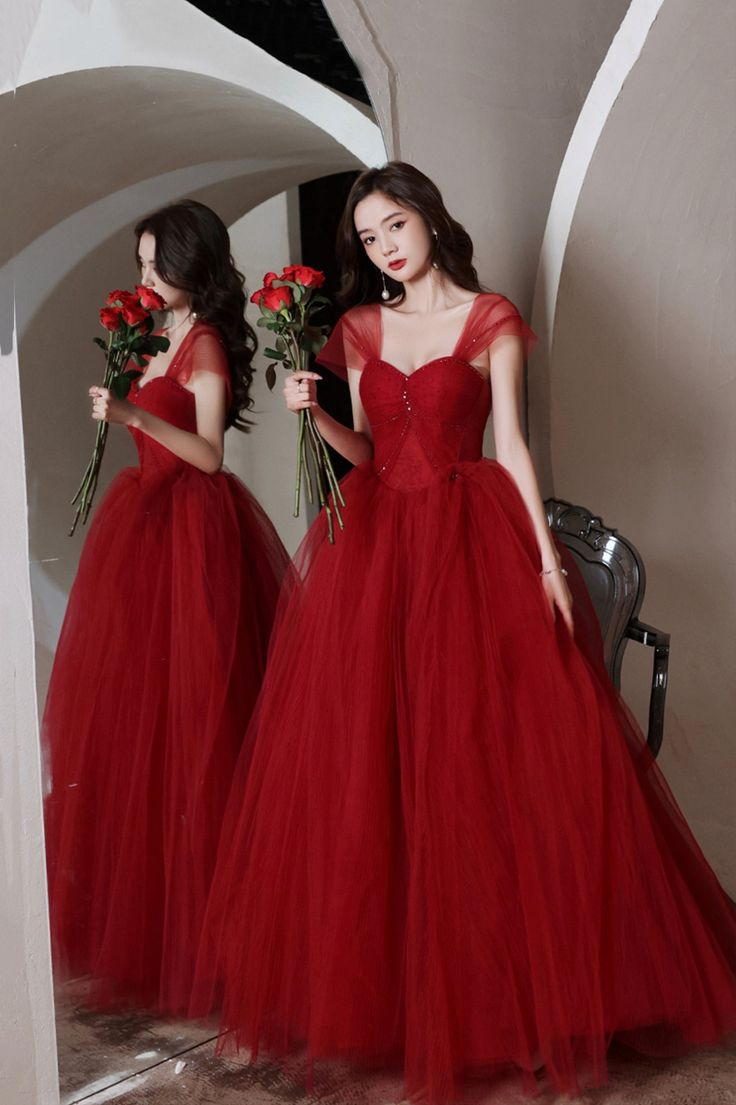 Red Tulle Long A-Line Prom Dress, Off the Shoulder Evening Graduation Dress - VelvetHem