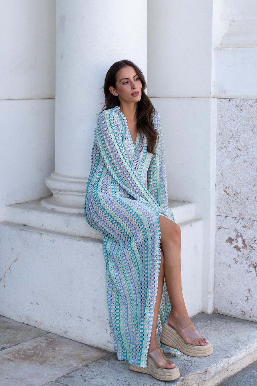 Pilar Chic Boho V Neck Bell Sleeve Maxi Dress, Wavy Striped Crochet Beach Holiday Dress Evening Wear Edit