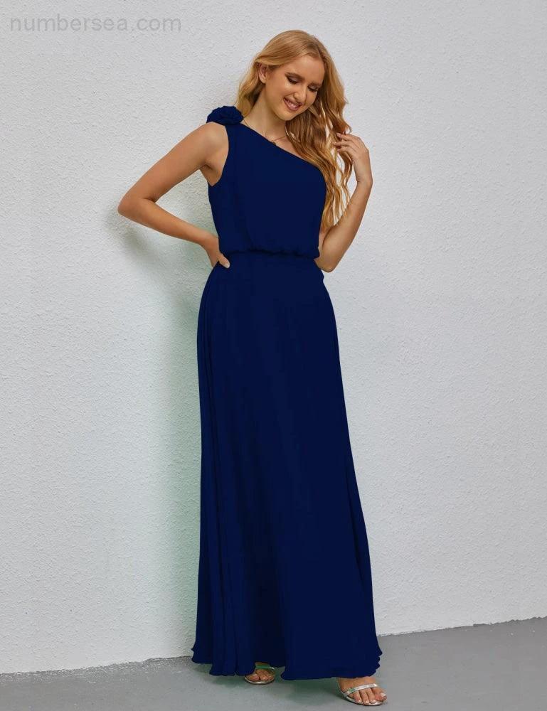 Ruffled One Shoulder Sleeveless Long Bridesmaid Dresses A-line Formal Evening Gown Side Split 28080 (ZD17018)