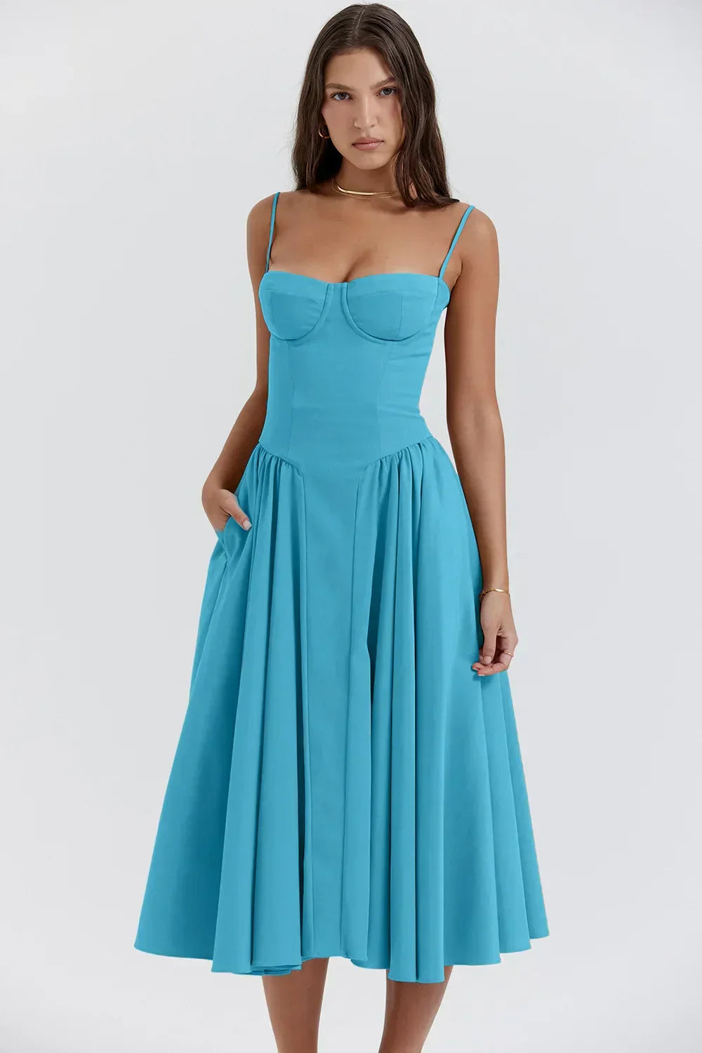 Milagros Premium Sleeveless Midi Dress with a Corset Fit Elevated Occasion Wear