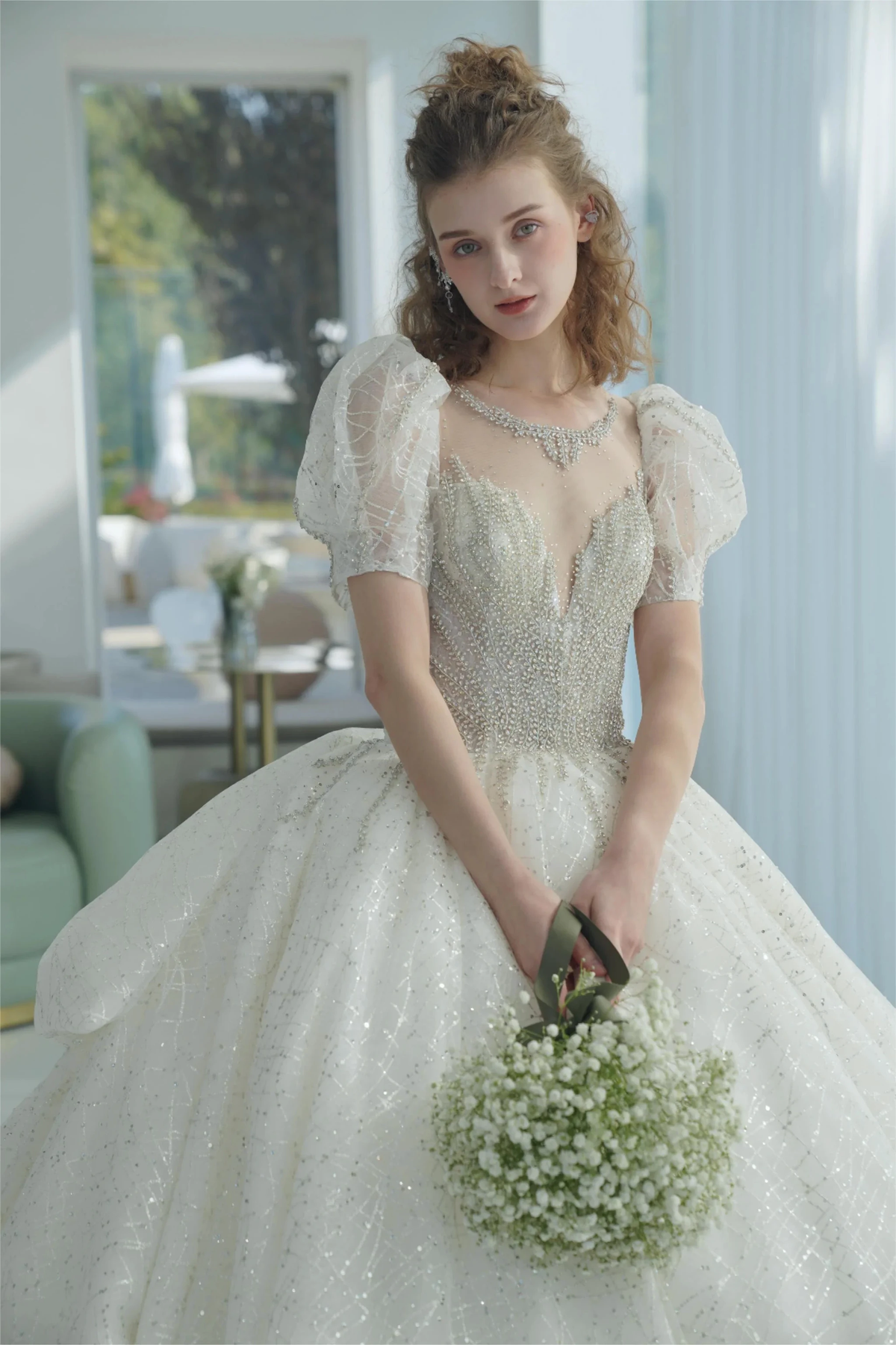 Glittering Ball Gown Deep V-Neck Tulle Wedding Dress with Beaded Embroidery & Puff Sleeves 6021-1 by ZAPDRESS
