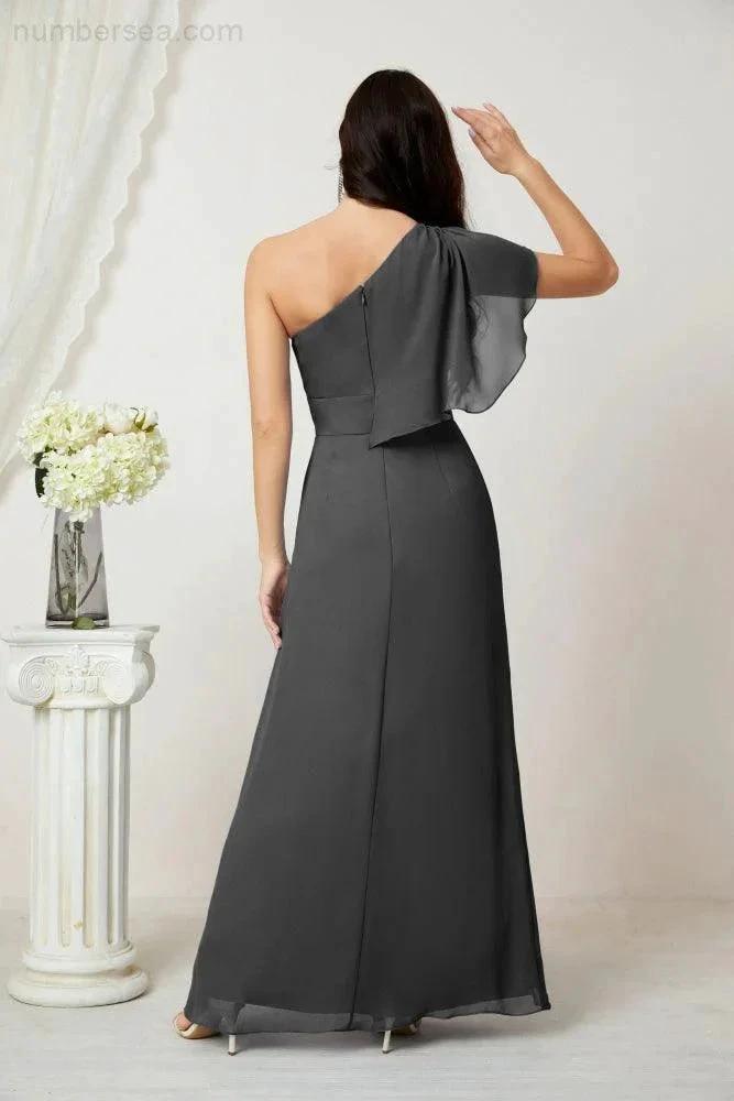 ZapDress  Chiffon Ruffled One Shoulder Long Bridesmaid Dresses A-line Formal Evening Gown Side Split 2809 (ZD17049)