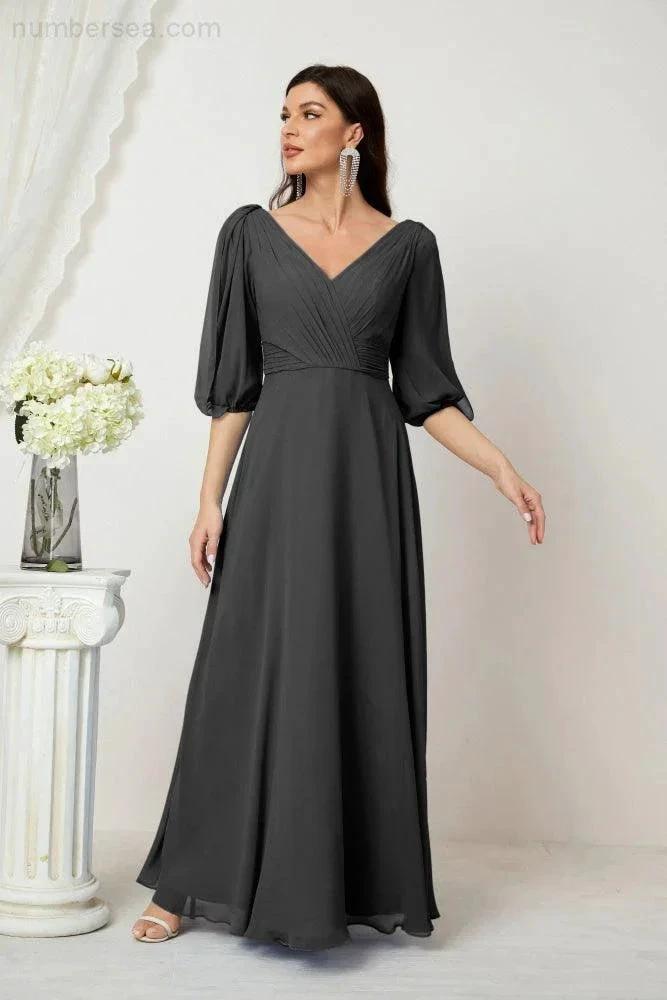 ZapDress  Formal Prom Gown Women V-Neck Chiffon Bridesmaid Dresses Long Bishop Sleeve Party Dress 2807 (ZD17027)