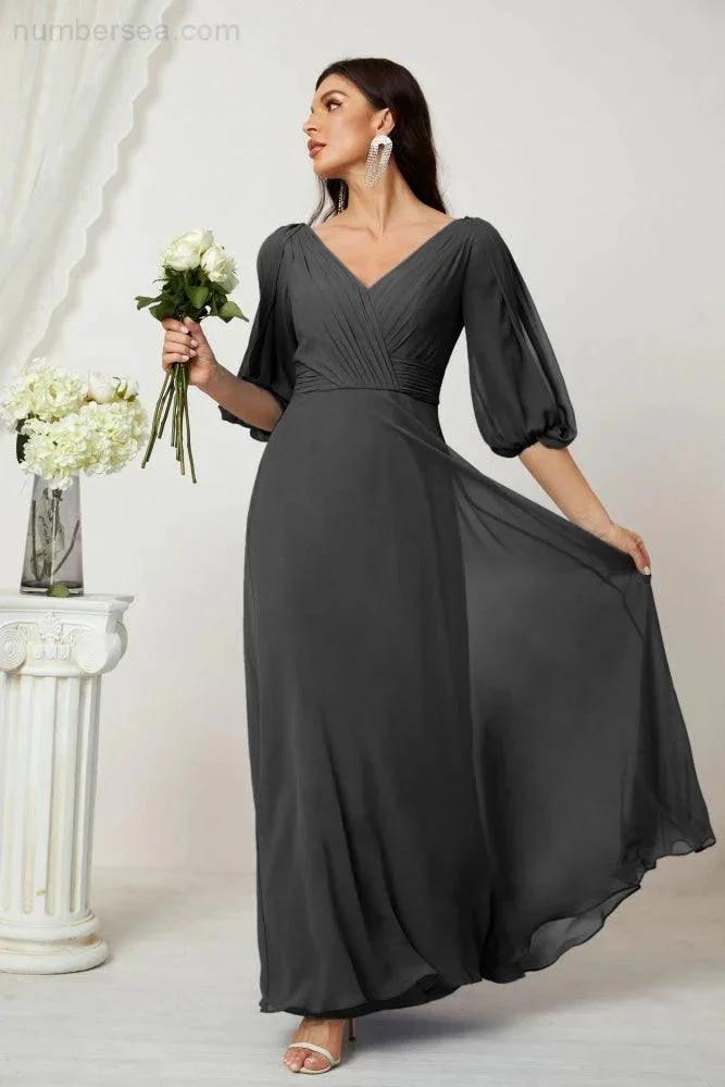 ZapDress  Formal Prom Gown Women V-Neck Chiffon Bridesmaid Dresses Long Bishop Sleeve Party Dress 2807 (ZD17027)
