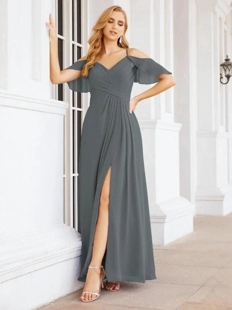Numbersea Cold Shoulder Long Bridesmaid Dresses Side Slit Formal Prom Gowns Party Wedding 28070 by numbersea