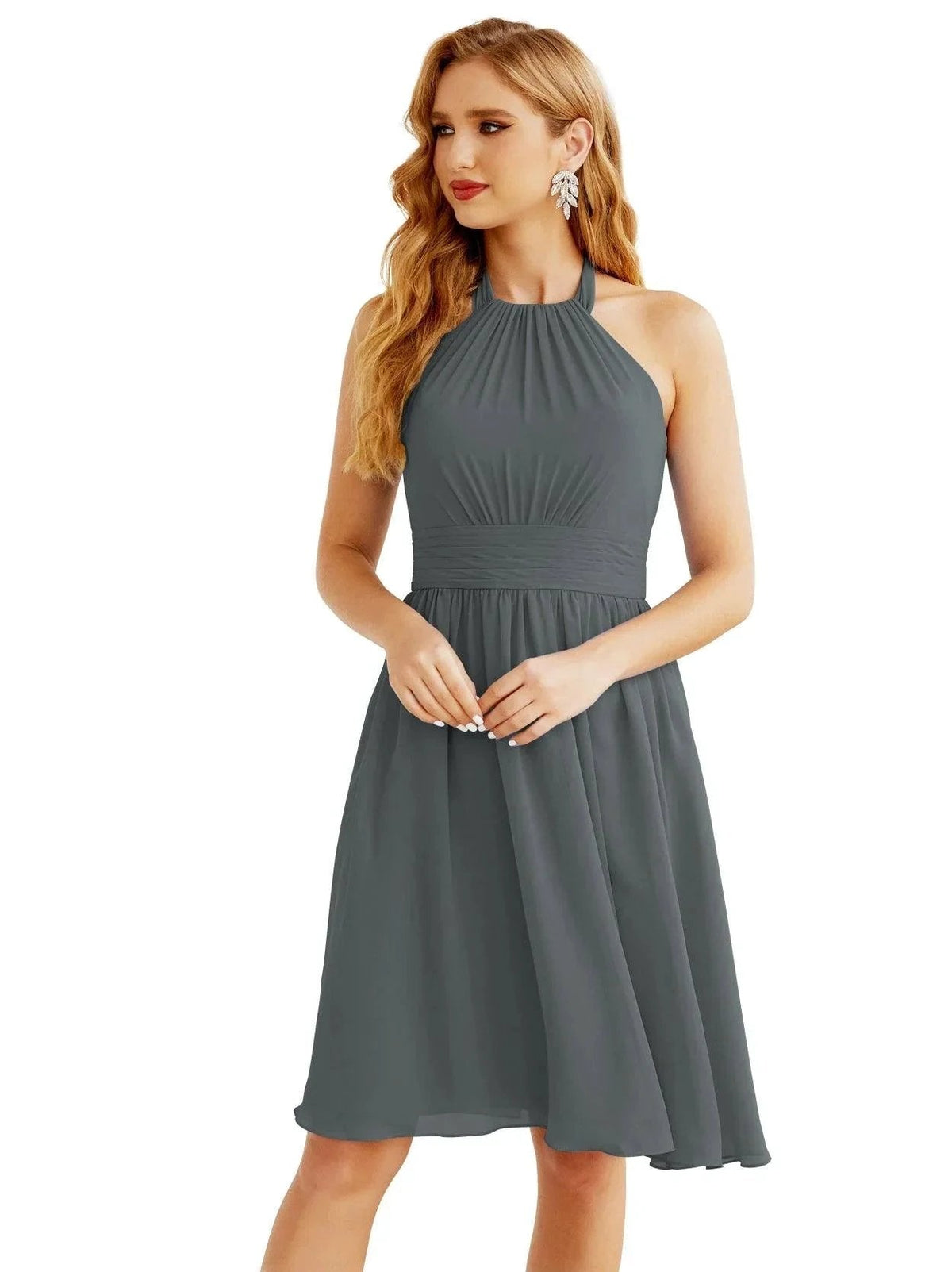 Numbersea Halter Chiffon Bridesmaid Dresses Short Sleeveless Formal Party Dress Open Back 28023 by numbersea