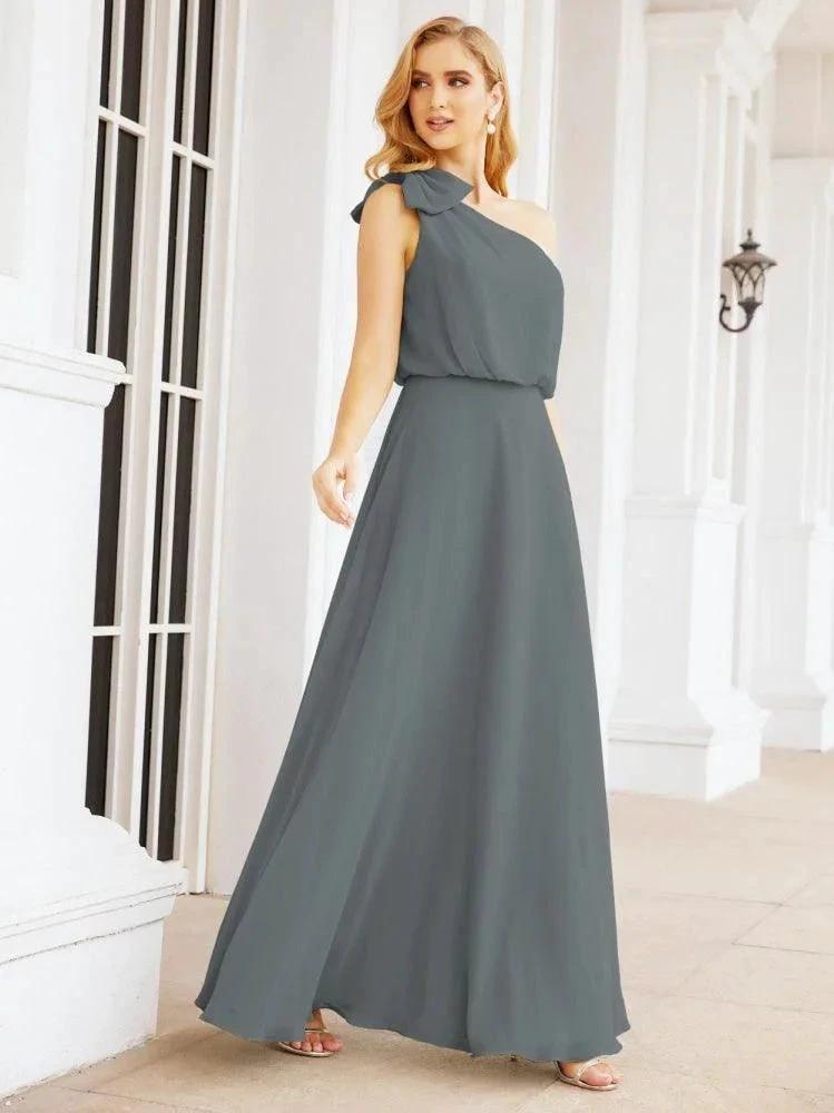 Numbersea Chiffon Ruffled One Shoulder Sleeveless Long Bride Dresses A-line Formal Evening Gown Side Split 28057 by numbersea