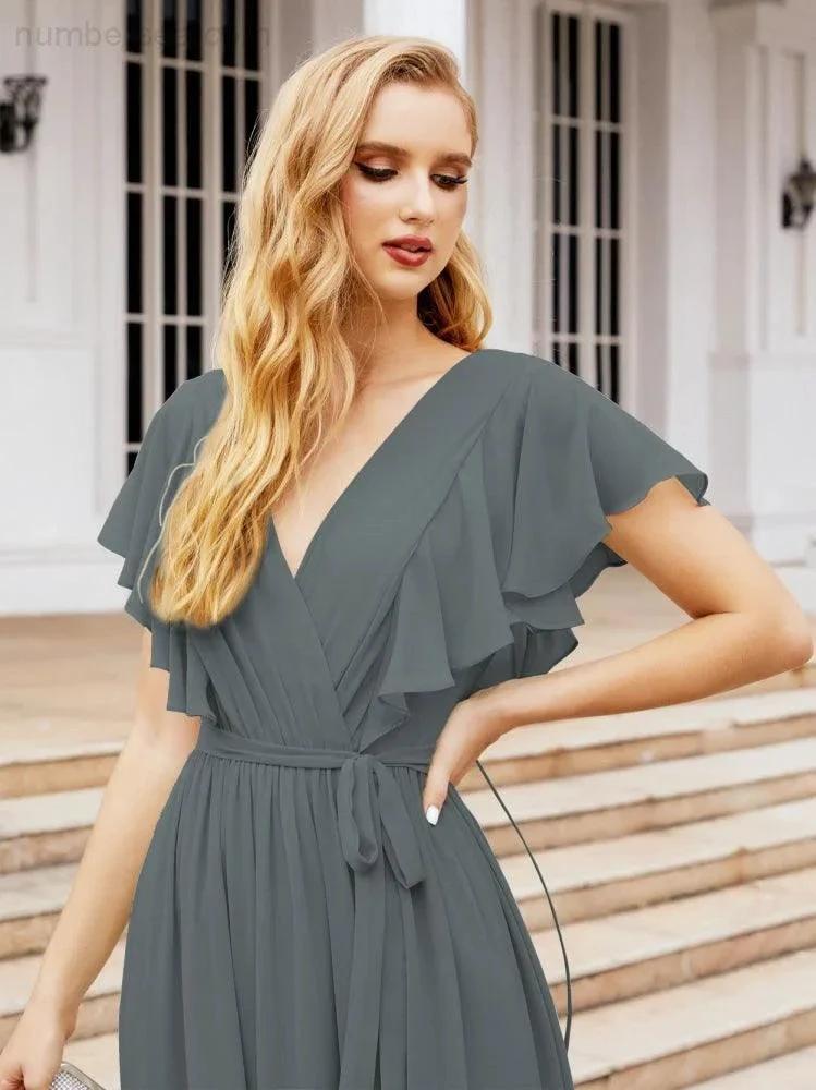 ZapDress Women's Open Back Formal Evening Party Prom Gowns V-Neck Long Chiffon Bridesmaid Dresses with Waist Belt 28038 (ZD17000)