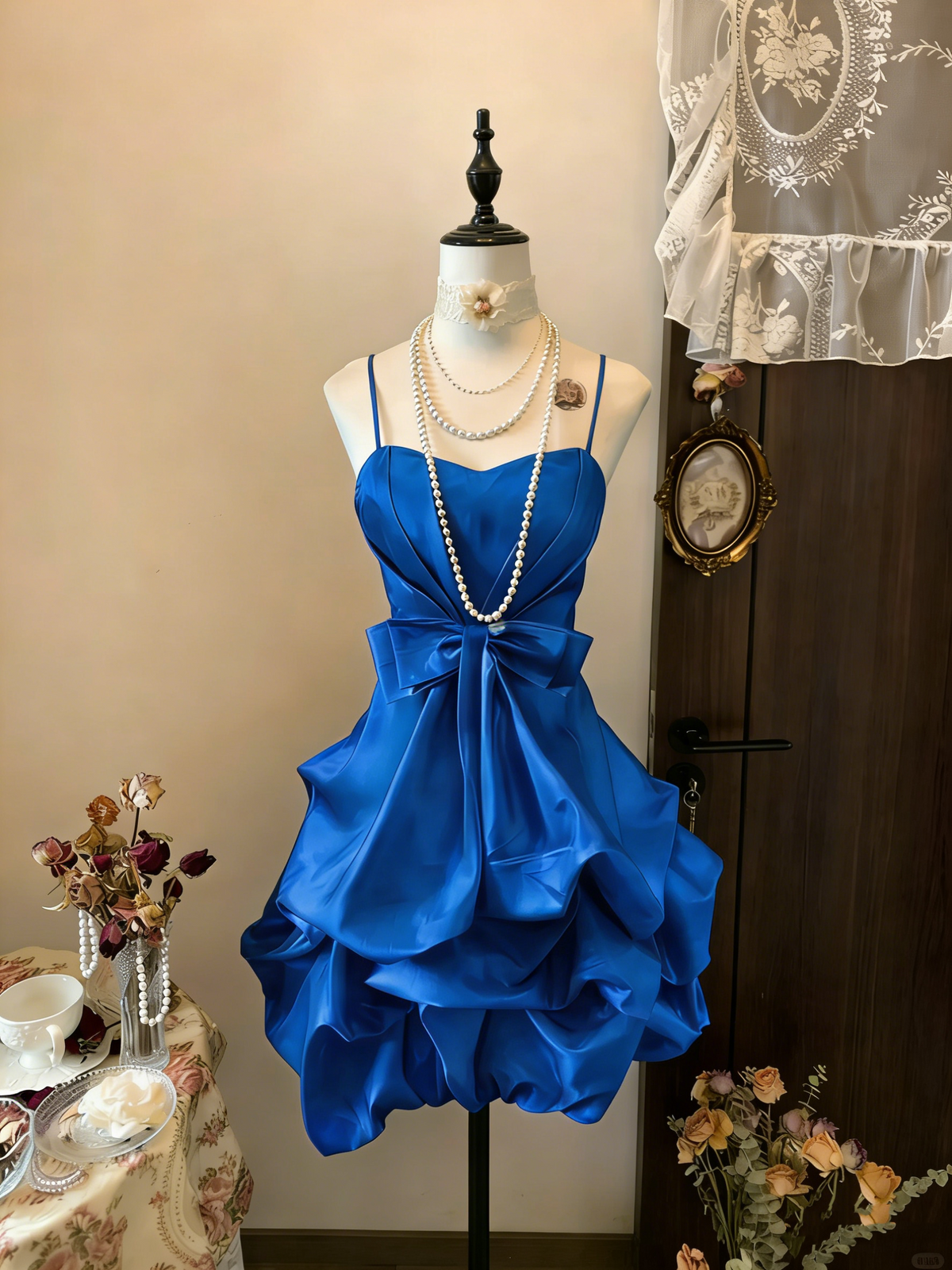 Vintage Yellow Spaghetti Straps Satin Pleated Short Prom Dress Formal Graduation Homecoming Dress - View 6 | VelvetHem