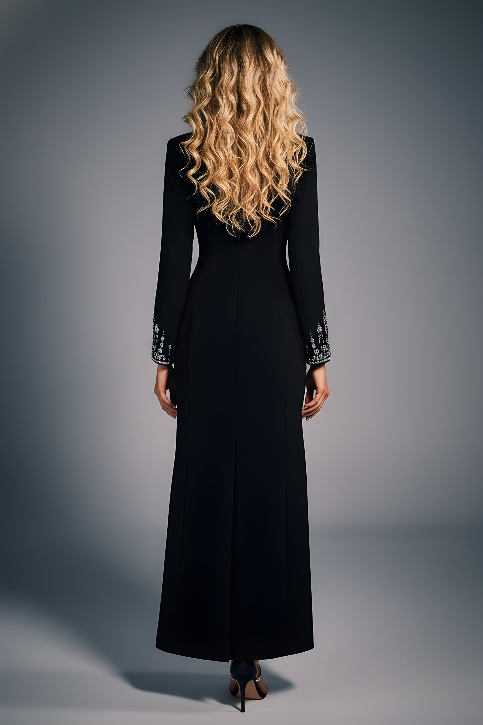 Rhinestone Embellished Tuxedo Blazer Maxi Dress with Slit