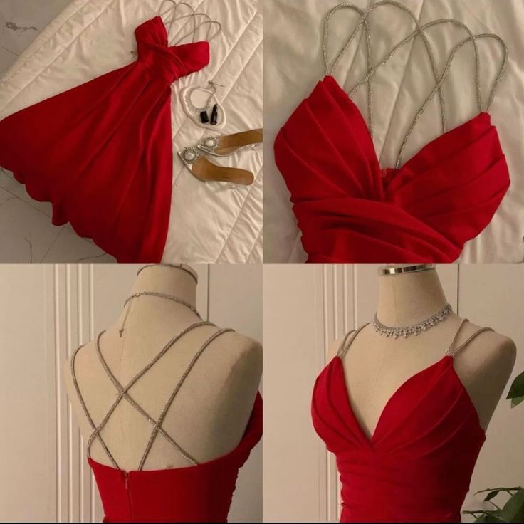 Gorgeous Red Satin Beaded V Neck Evening Dress A Line Party Evening Dress - View 3 | VelvetHem