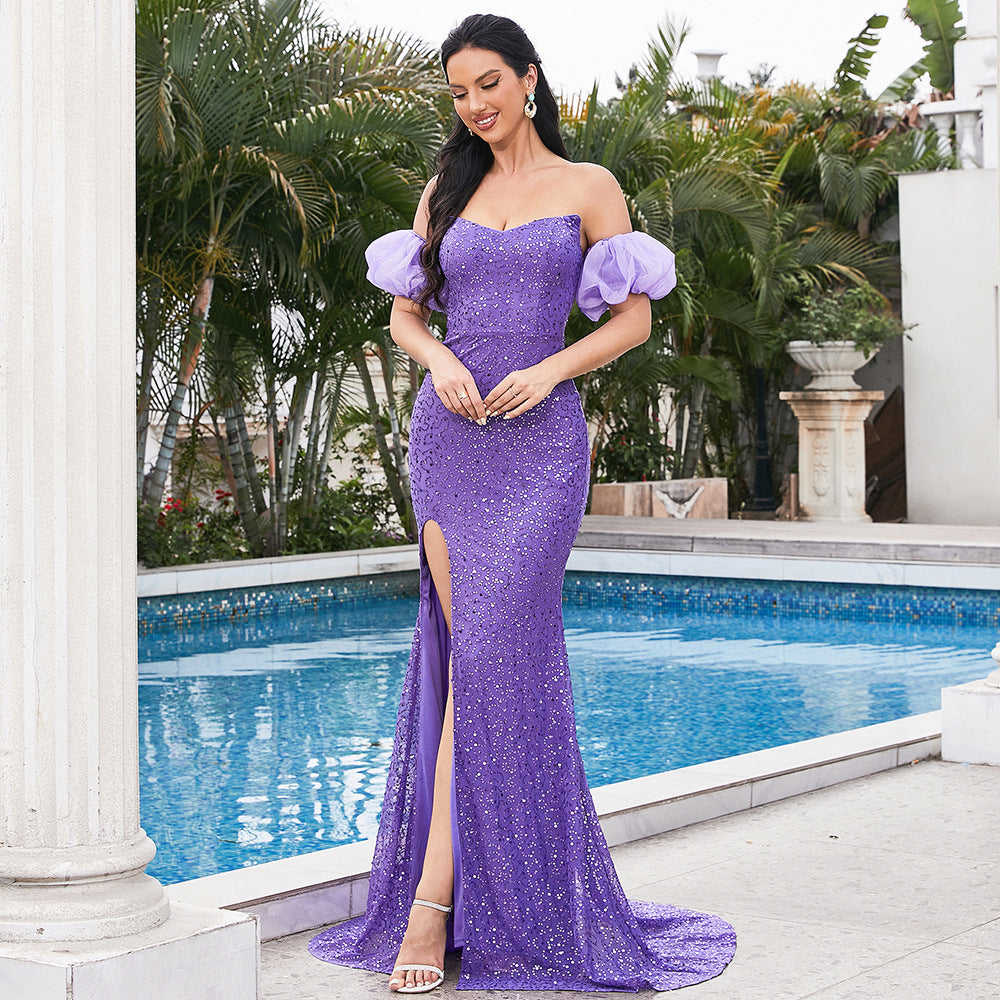 Elegant Sexy Long Sequined Short Sleeve Wrapped Chest Backless Cocktail Evening Dress Bridesmaid Dress Women - VelvetHem