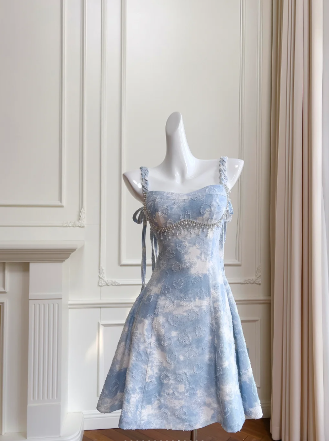 Glamorous Blue Satin Beaded Mini Prom Dress A Line Homecoming Dress Y8572 - VelvetHem