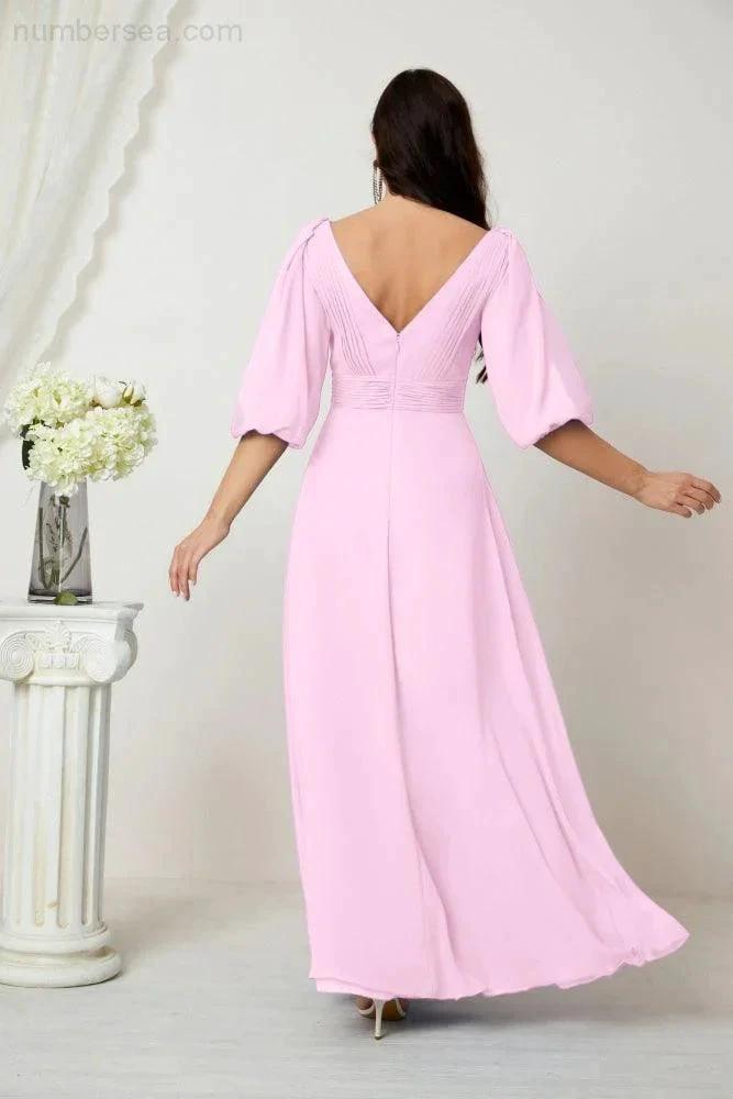 ZapDress  Formal Prom Gown Women V-Neck Chiffon Bridesmaid Dresses Long Bishop Sleeve Party Dress 2807 (ZD17027)