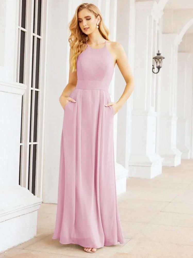 Numbersea Halter Bridesmaid Dresses with Pockets Sleeveless Formal Evening Party Prom Gowns 28055 by numbersea