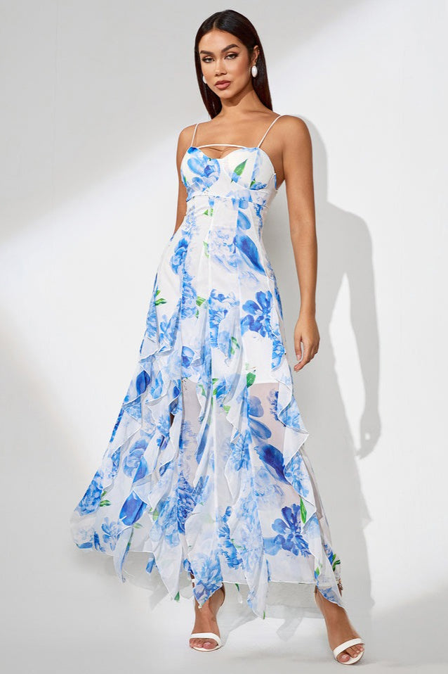Contemporary Slit Ruffled Floral Dress for Modern Fashion Wear