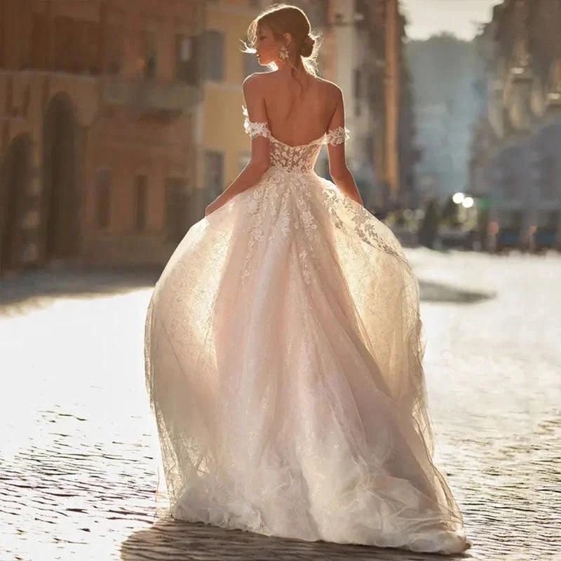 Classical Sweetheart A Line Wedding Dress Backless Lace Appliques Off The Shoulder Bridal Gowns Sweep Train (ZD13440)