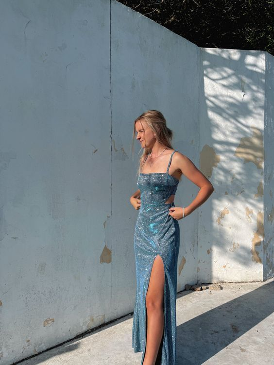 Shiny Spaghetti Straps Sheath Slit Prom Dress Long Evening Dress Y7443 - VelvetHem