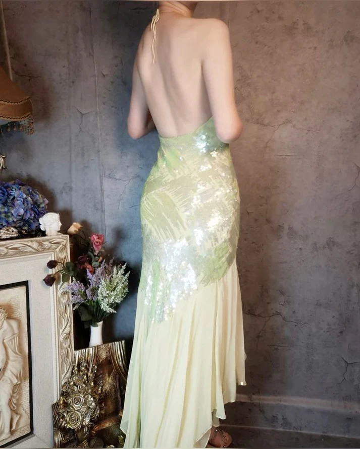 Sparkly Halter Yellow Sequin Chiffon Mermaid Evening Dress Long Birthday Party Dress - View 2 | VelvetHem