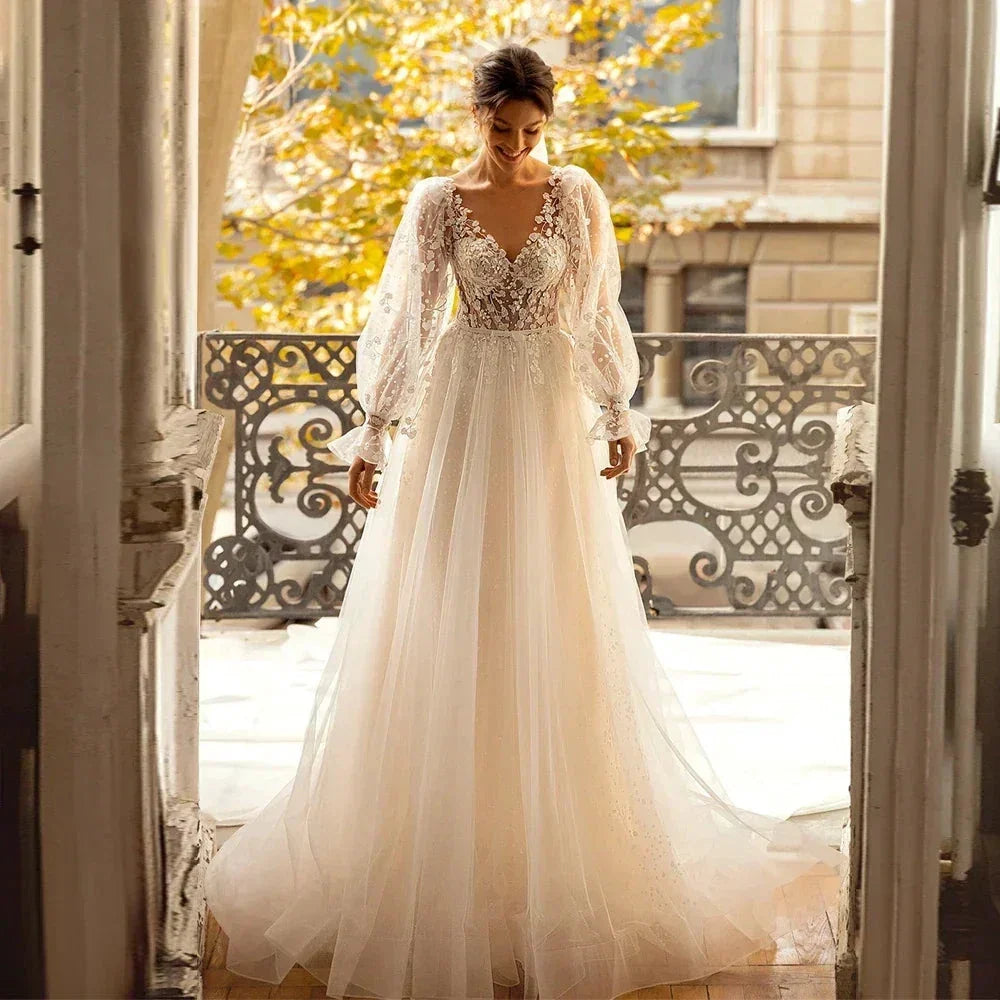 3D Flower Wedding Dress Lace Long Sleeve Women's Bridal Gownes Sexy V-neck Tulle Transparent A-line Dress Bohemia Robe Vestido (ZD14010)