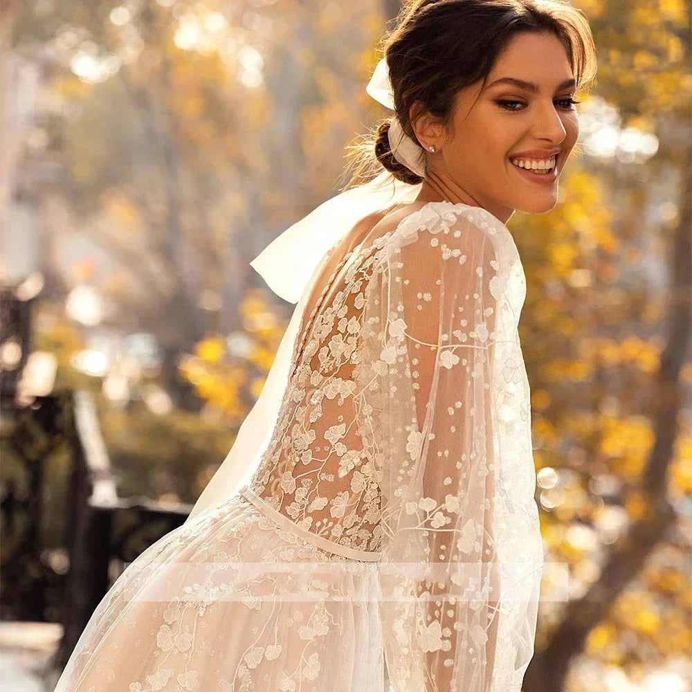 3D Flower Wedding Dress Lace Long Sleeve Women's Bridal Gownes Sexy V-neck Tulle Transparent A-line Dress Bohemia Robe Vestido (ZD14010)