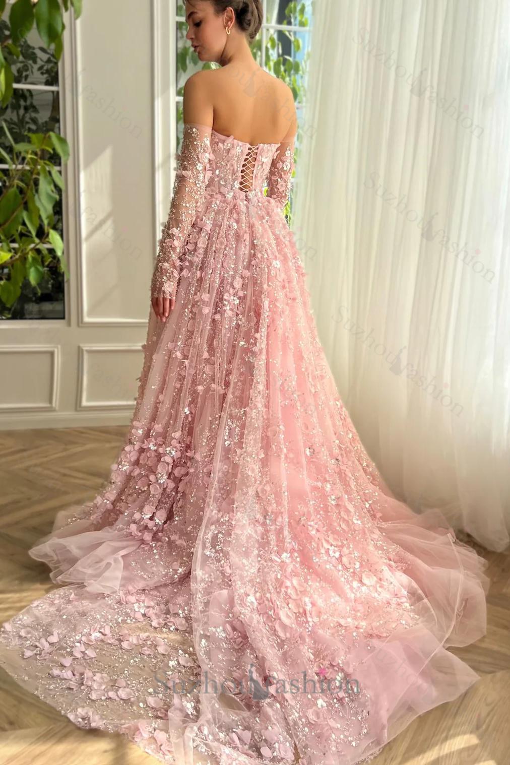 3D Flowers Pink Prom Dress Off The Shoulder Formal Dress With Panel Train