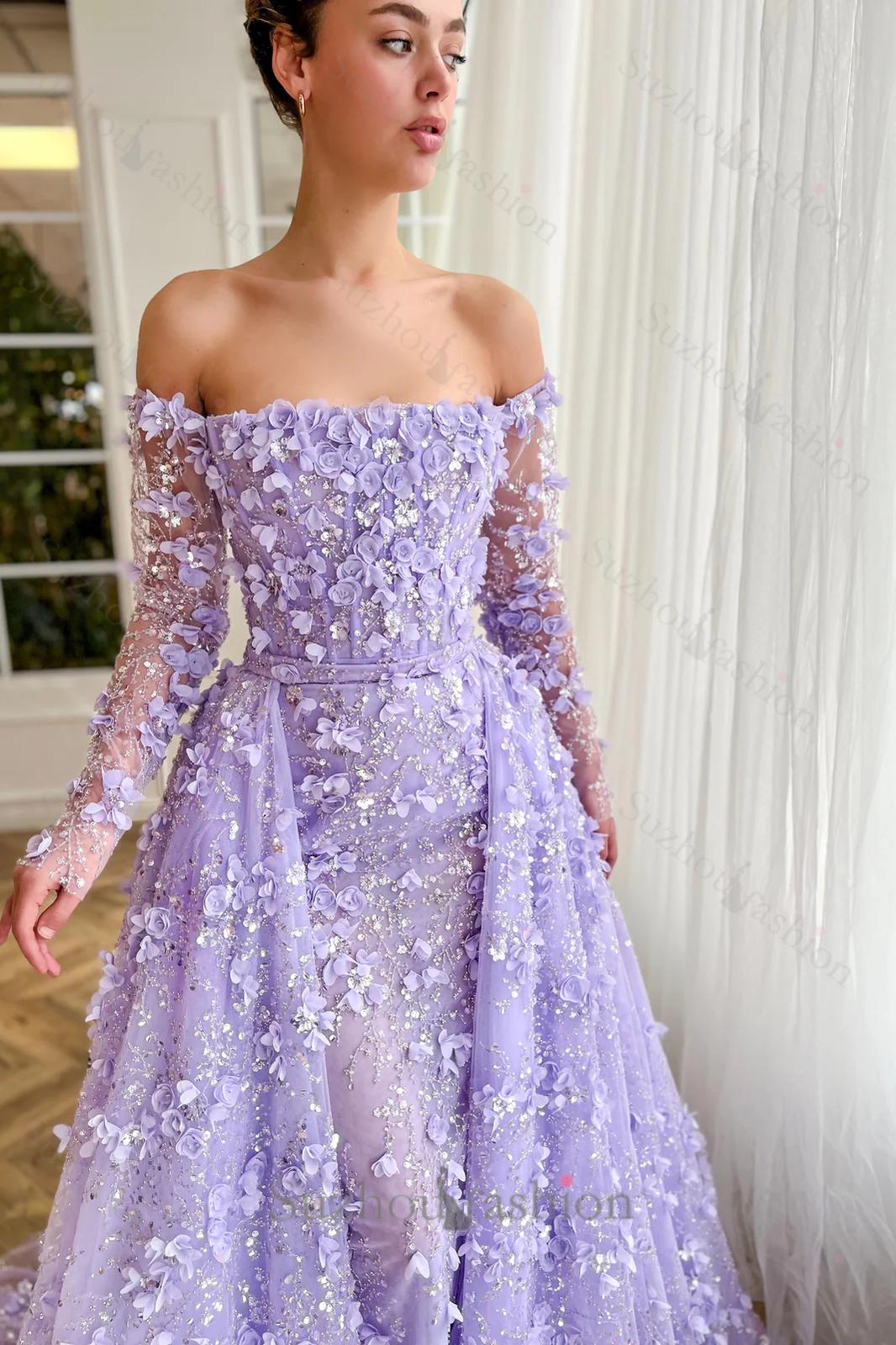 3D Flowers Pink Prom Dress Off The Shoulder Formal Dress With Panel Train