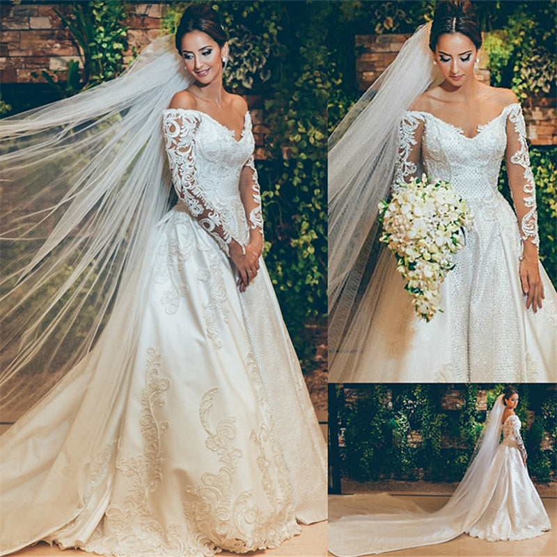 3D Lace Appliques Off The Shoulder Wedding Dresses | Long Sleeve Satin Elegant Bridal Gowns  BC0238