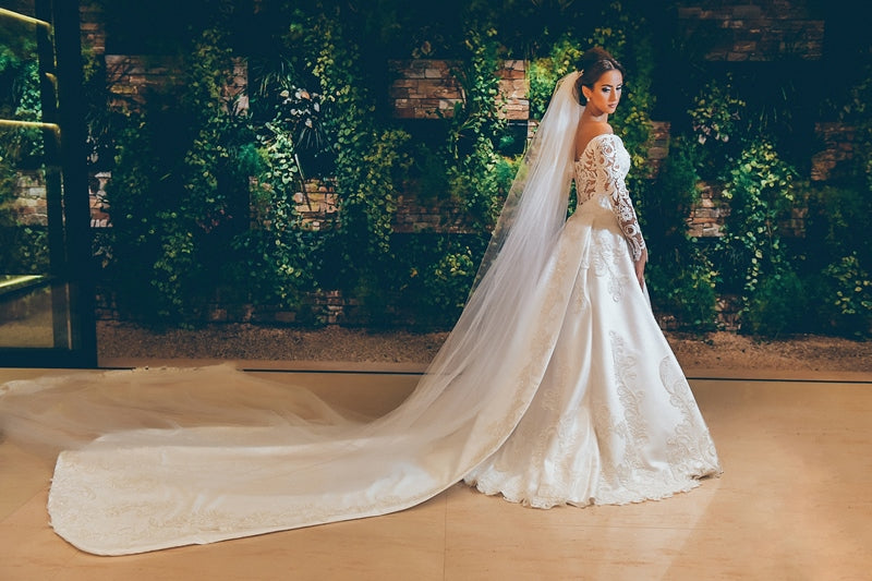 3D Lace Appliques Off The Shoulder Wedding Dresses | Long Sleeve Satin Elegant Bridal Gowns  BC0238