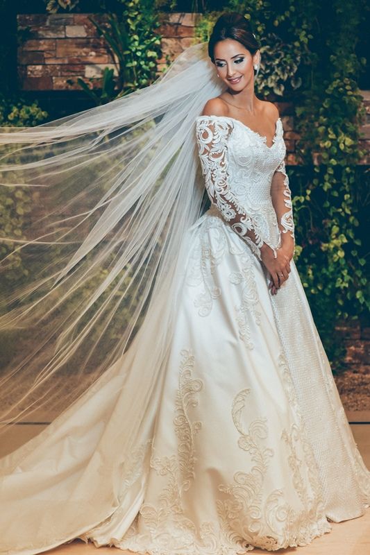 3D Lace Appliques Off The Shoulder Wedding Dresses | Long Sleeve Satin Elegant Bridal Gowns  BC0238