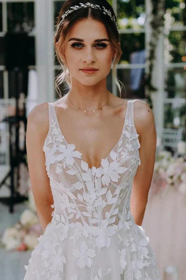 3D Floral Lace V Neck Floor Length Bohemian Wedding Dress (ZD16160)