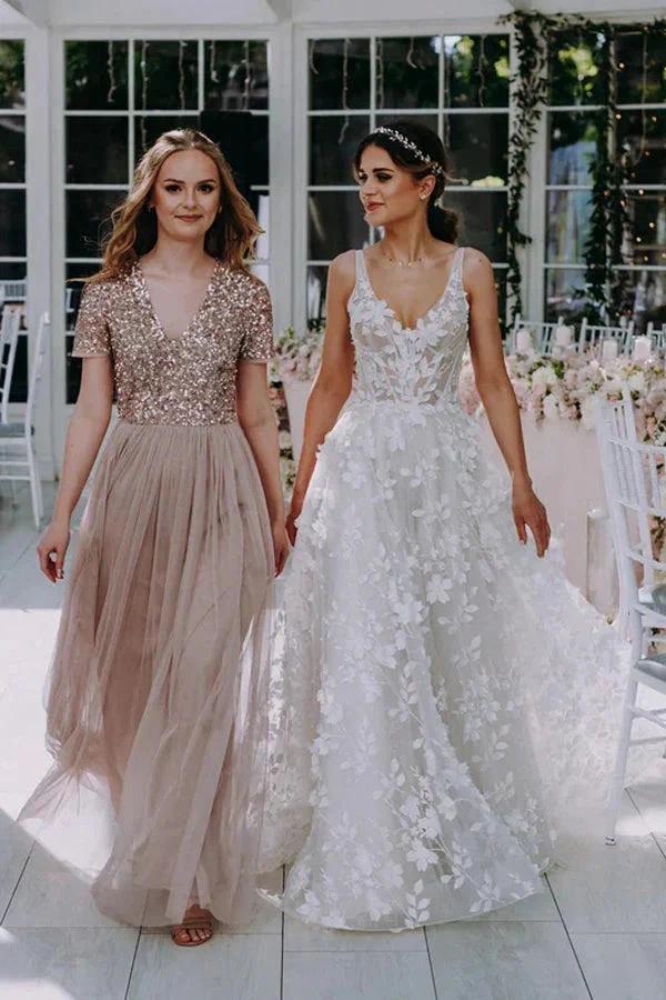 3D Floral Lace V Neck Floor Length Bohemian Wedding Dress (ZD16160)