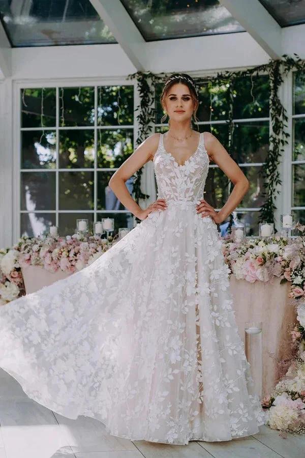 3D Floral Lace V Neck Floor Length Bohemian Wedding Dress (ZD16160)