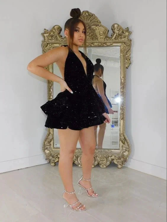 Sexy Black Sparkling Short Homecoming Dresses Back Open Tiered Sequin Graduation Gown Parties Night (ZD12699)