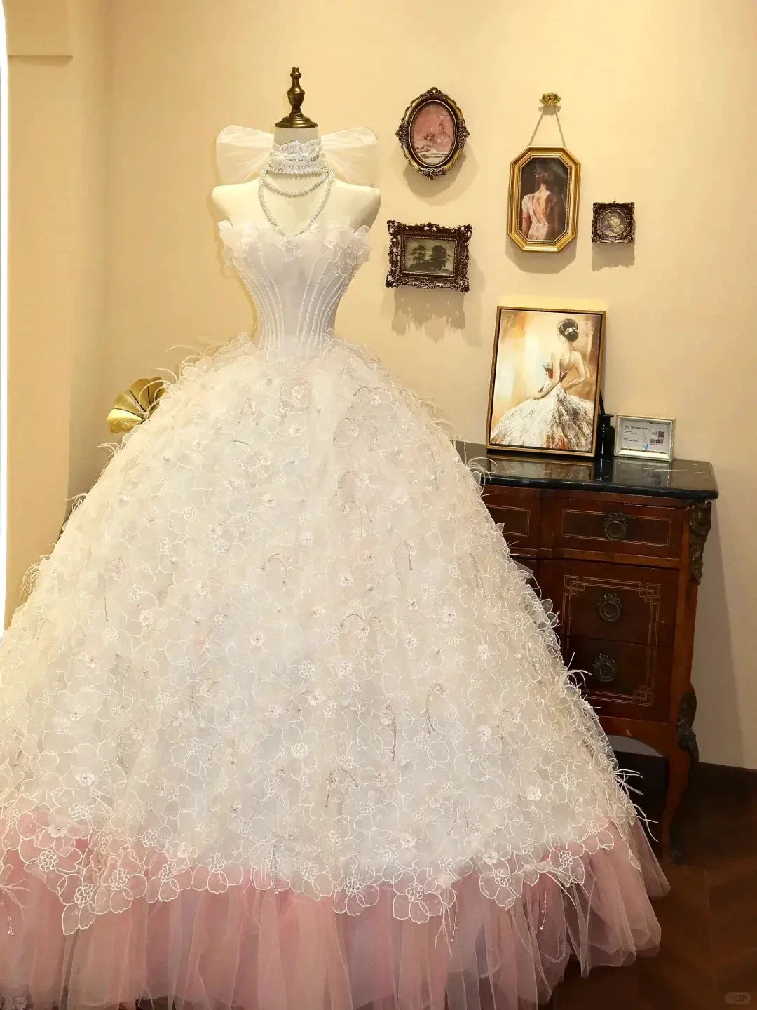 Classy Strapless Lace Flowers Feathers Ball Gown,White A Line Prom Wedding Dress Y8597 by simplepromdress