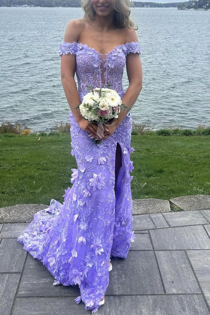 Purple Off The Shoulder Tullelace Appliques Evening Dress Slit Mermaid Party Dress - VelvetHem
