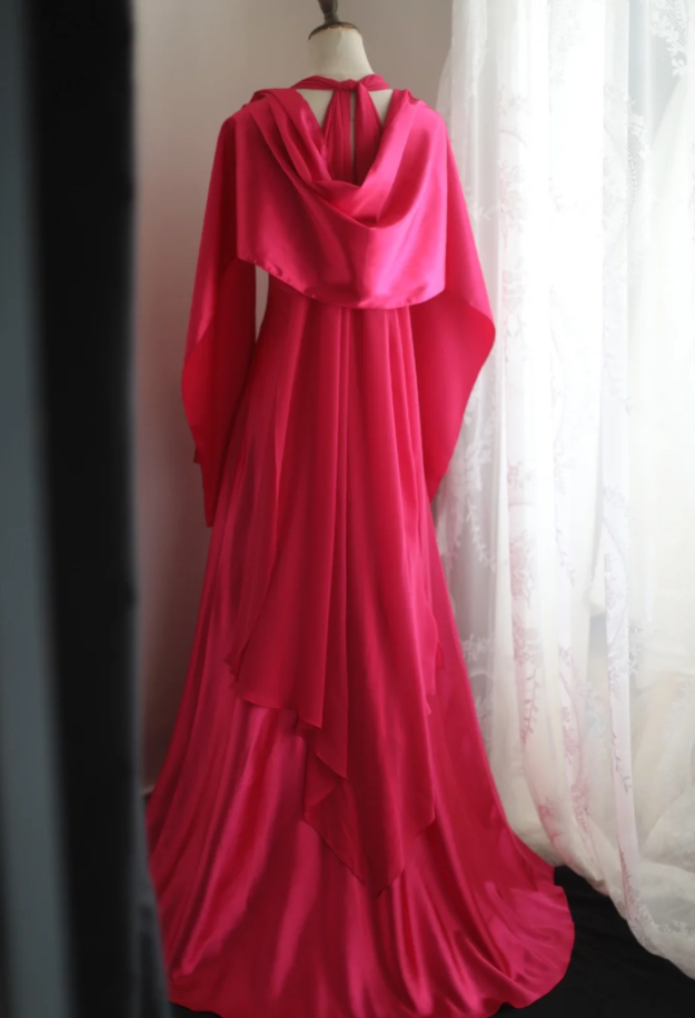 Glamorous Halter Hot Pink Satin Chiffon Mermaid Long Party Dress Formal Birthday Prom Gowns With Cape - View 4 | VelvetHem