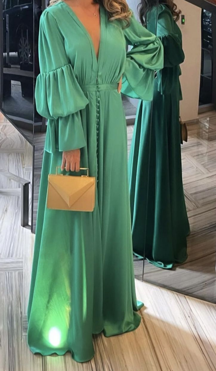 Green Long Sleeves V Neck Prom Dress,Green Formal Gown
