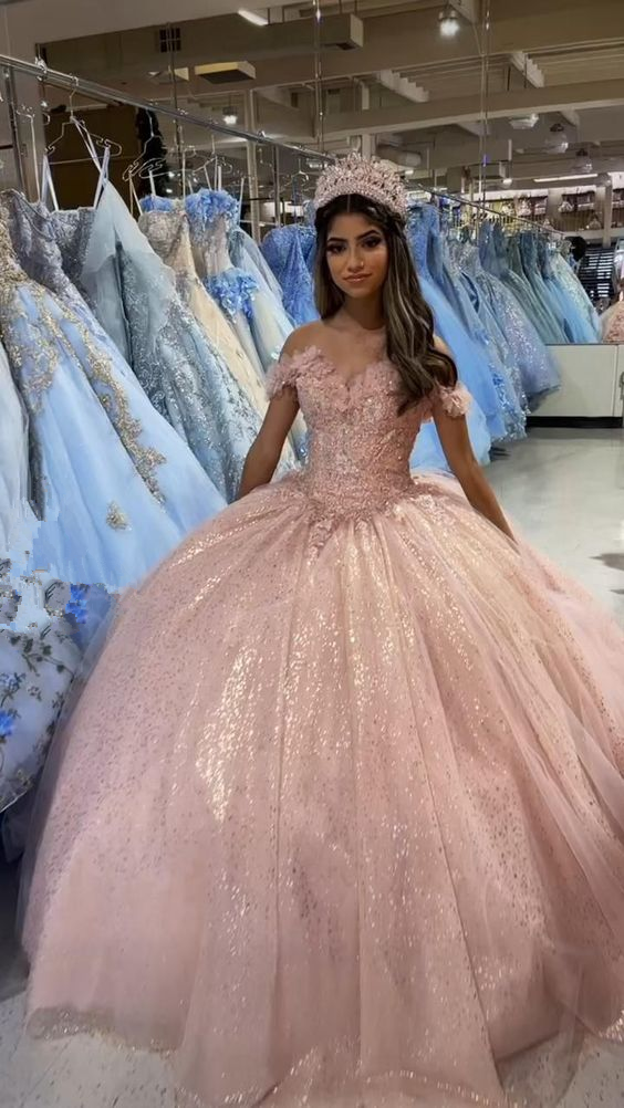 Beautiful Off The Shoulder Blush Pink Quinceanera Dress Glitter Blush Pink Ball Gown Y391 - VelvetHem