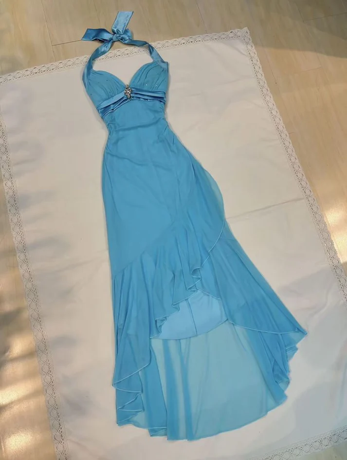 Charming Blue Halter Chiffon Sequins Prom Dress Ruffles Mermaid Party Evening Dress Y8067 - VelvetHem