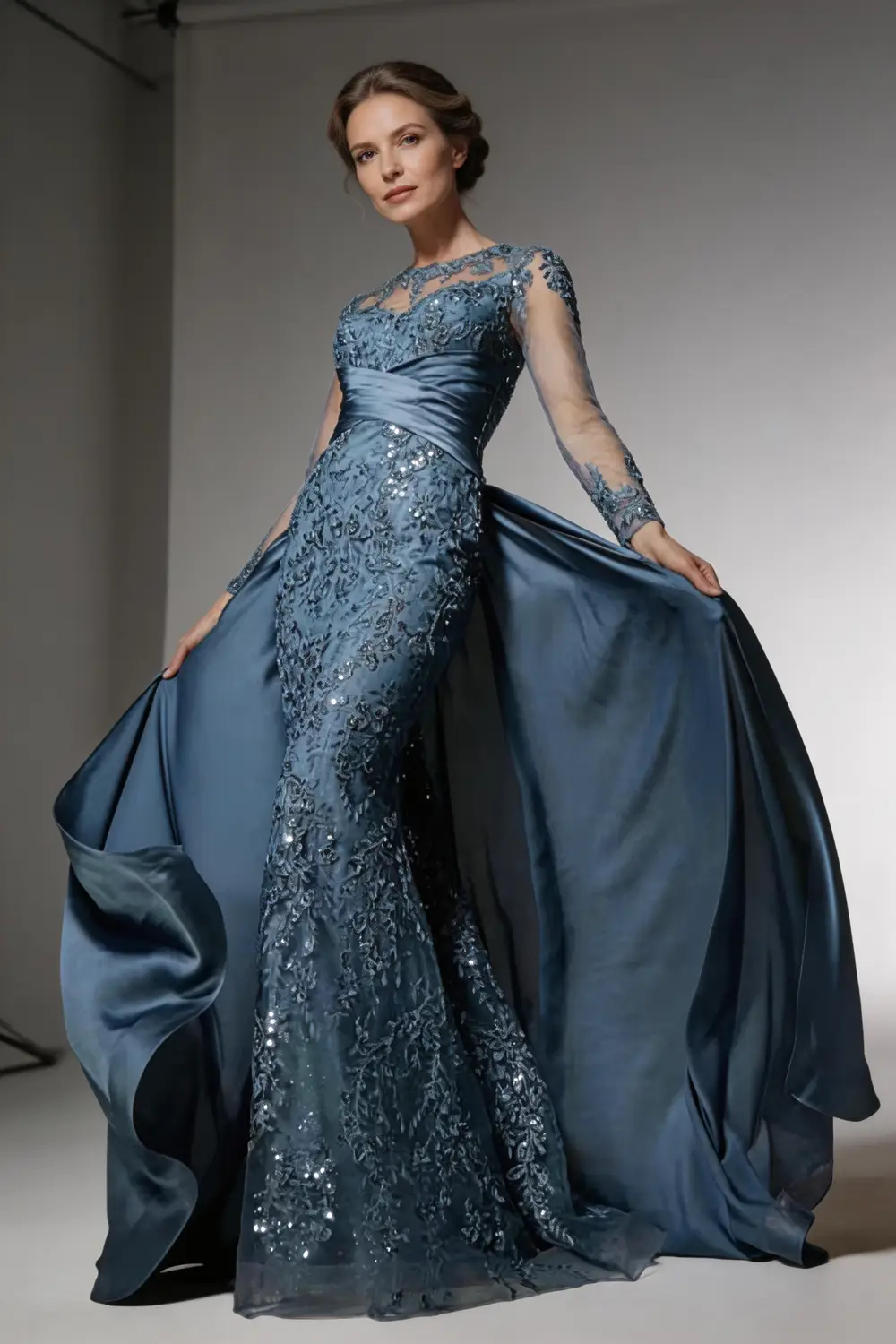Steel Blue Mermaid Mother of the Bride Dress With Detachable Train (ZD17156)