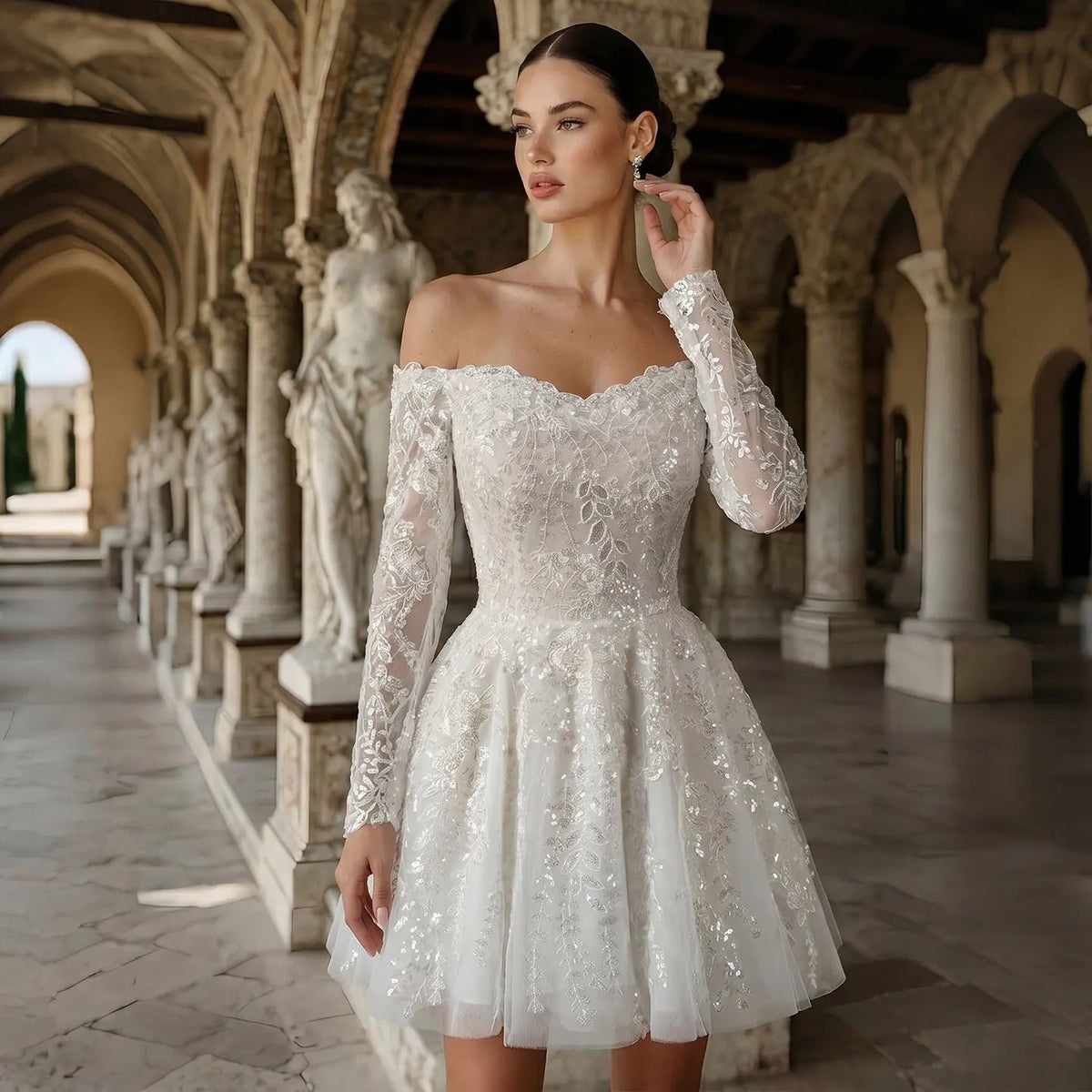 Elegant Off White Off-the-Shoulder Lace Short Wedding Dress ZP048
