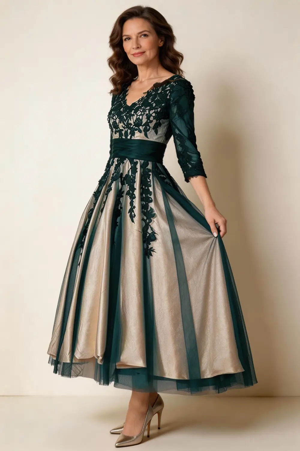 Dark Green Lace Applique Champagne Satin Mother Of The Bride Dress (ZD17159)