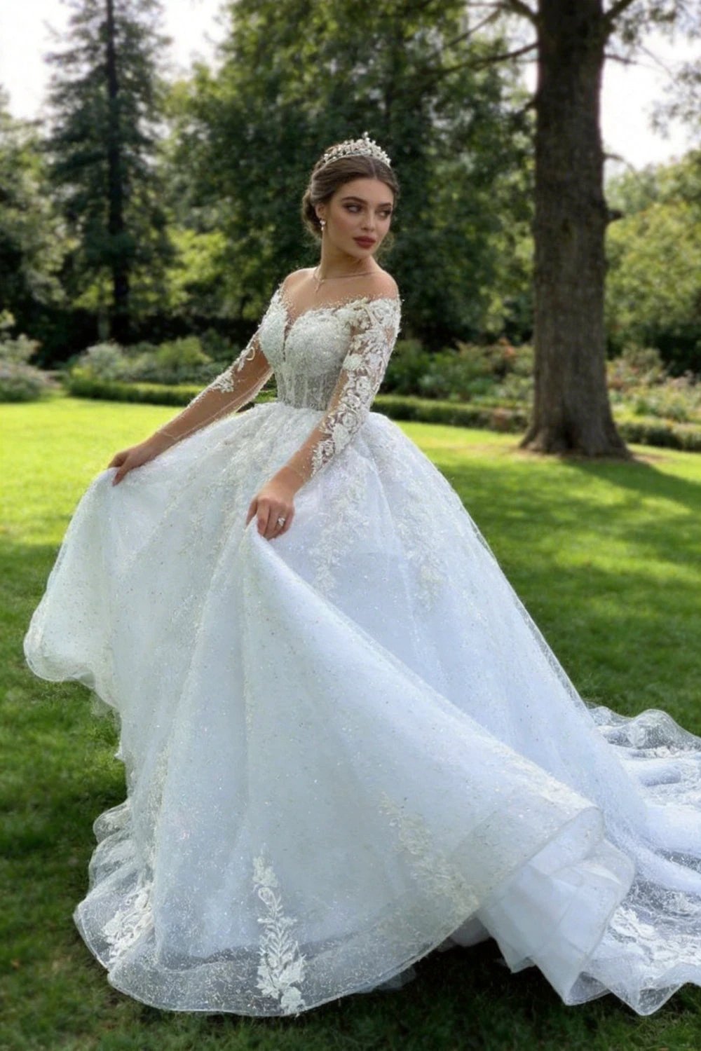 2025 Luxury Muslim Wedding Dress Women's Elegant Long Sleeve Lace Applique A-line Dress Beach Wedding Princess Party O-Neck Brid (ZD14197)