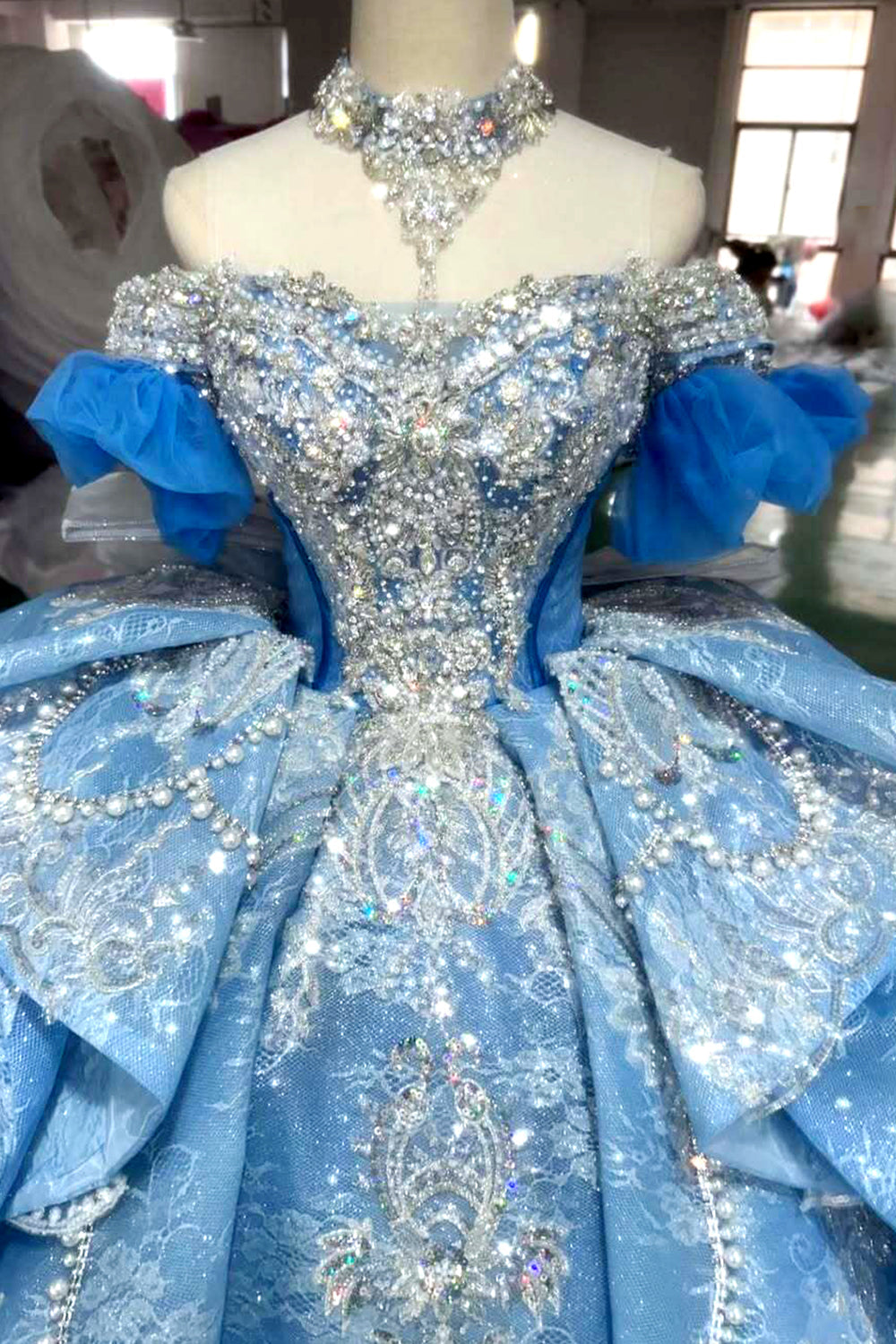 Luxurious A Line Off the Shoulder Blue Quinceanera Dress with Beading Bowknot - VelvetHem