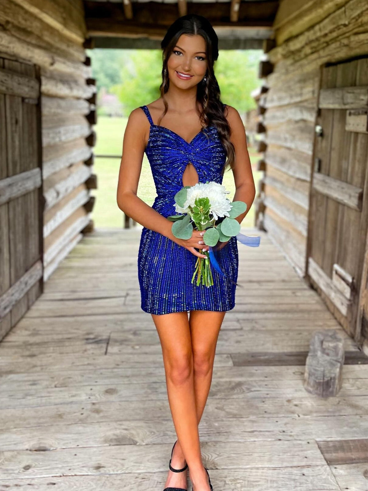 Glitter Black Bodycon Straps Short Tight Beaded Homecoming Dress - View 12 | VelvetHem