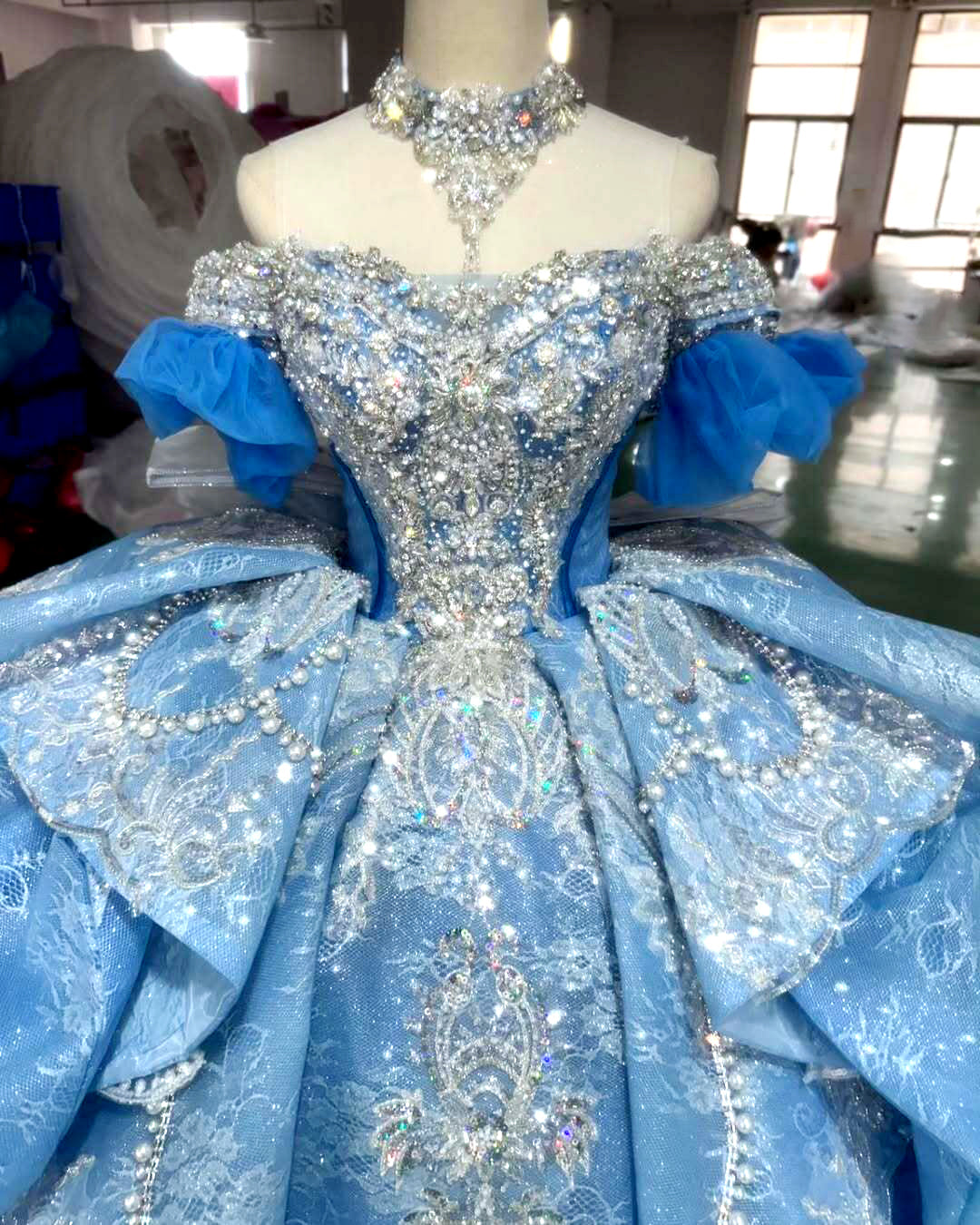 Luxurious A Line Off the Shoulder Blue Quinceanera Dress with Beading Bowknot - View 3 | VelvetHem
