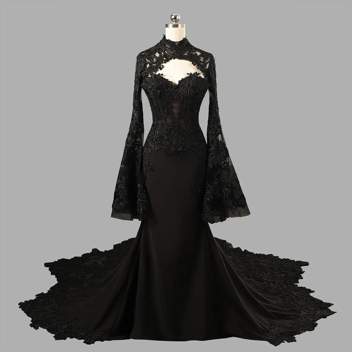 Black Luxury Gothic  Wedding Dress Sheer Lace Mermaid  ZP200